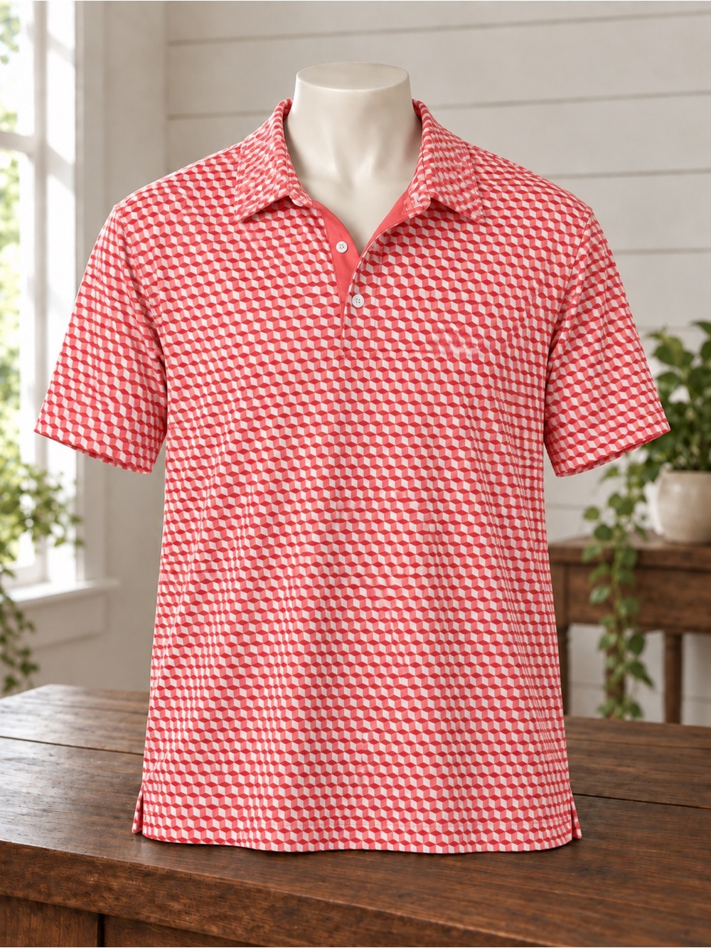 DEOLAX Men's Geometric Polo Red & White XXL